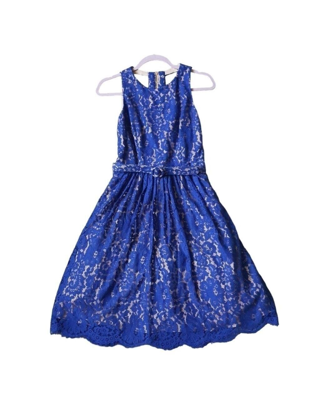Eliza J Blue Lace Dress Womens 2 Sleeveless Fit and Flare Belted Open Back